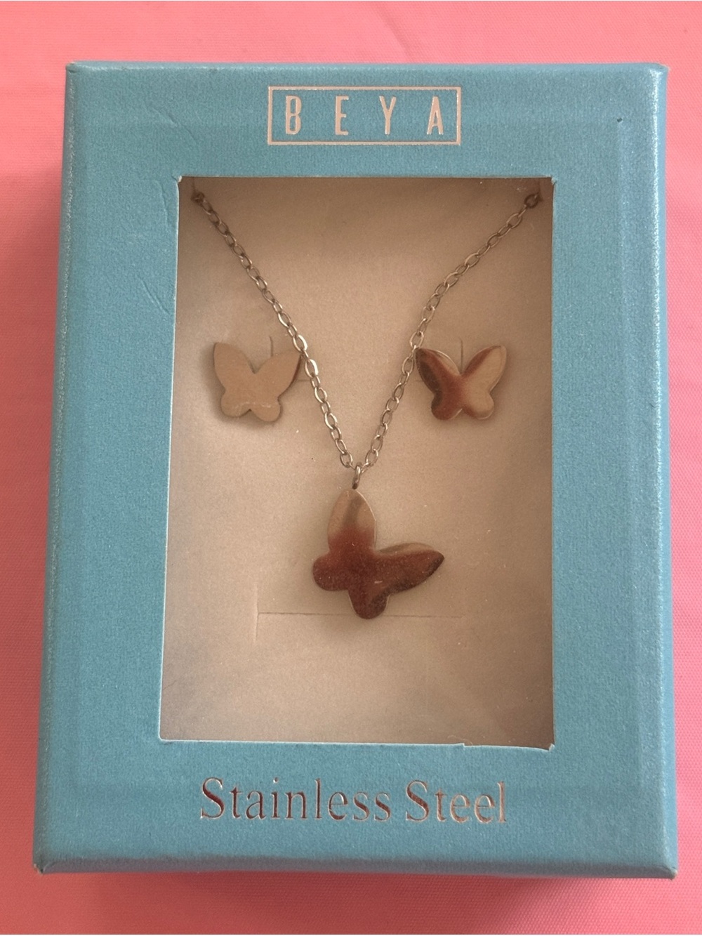 New In Box BEYA Stainless Steel Butterfly Jewelry Set Silver Pendant & Earrings